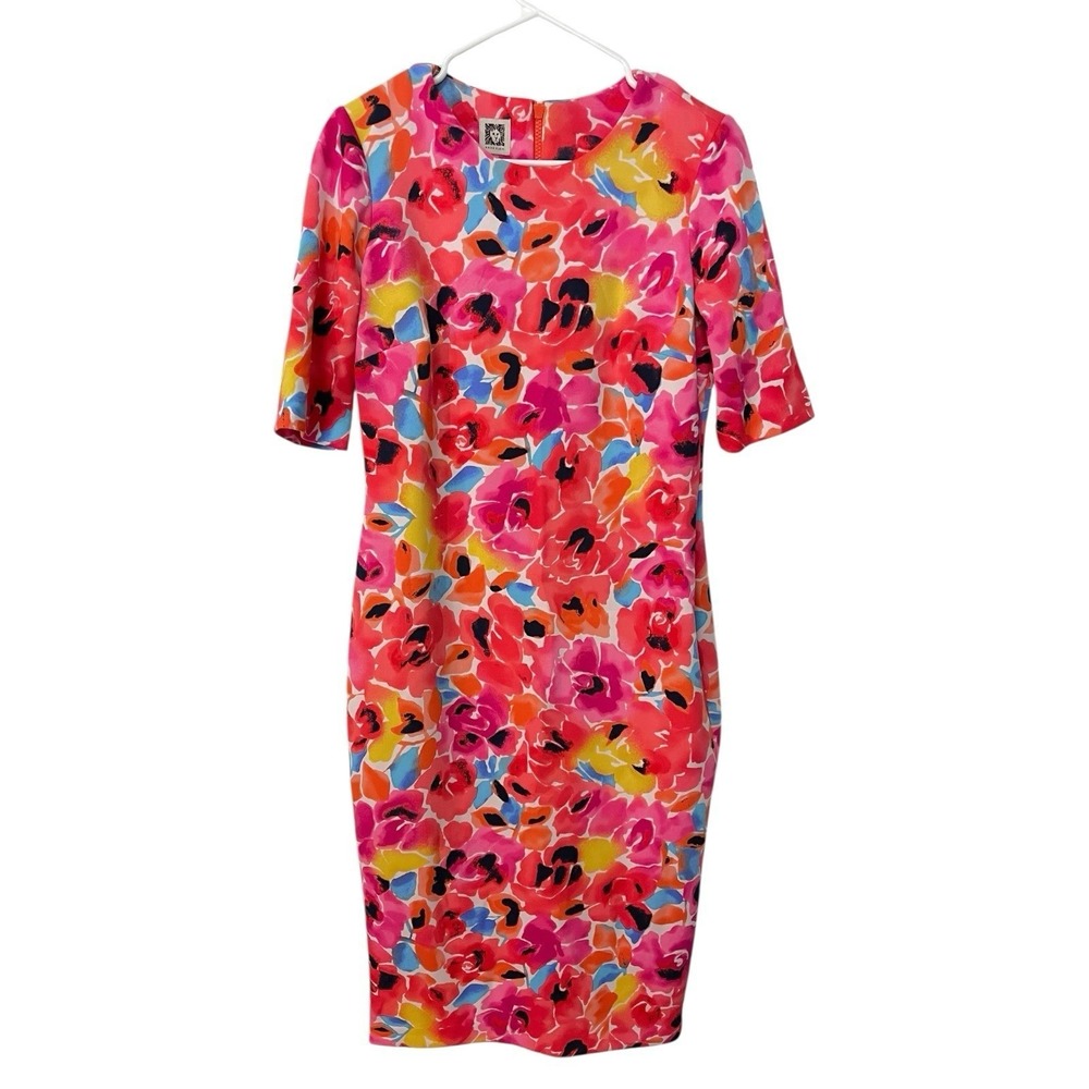 Anne Klein 8 Pink Floral Sheath Dress Short‎ Sleeve Crew Neck Knee Length Summer
